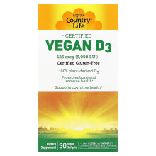Country Life, Zertifiziertes veganes D3, 125 mcg (5.000 IE), 30 vegane Weichkapseln