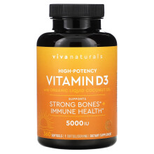 Viva Naturals, Vitamin D3 mit organischem flüssigem Kokosnussöl, Hochdosiert, 5.000 IE, 360 Weichkapseln
