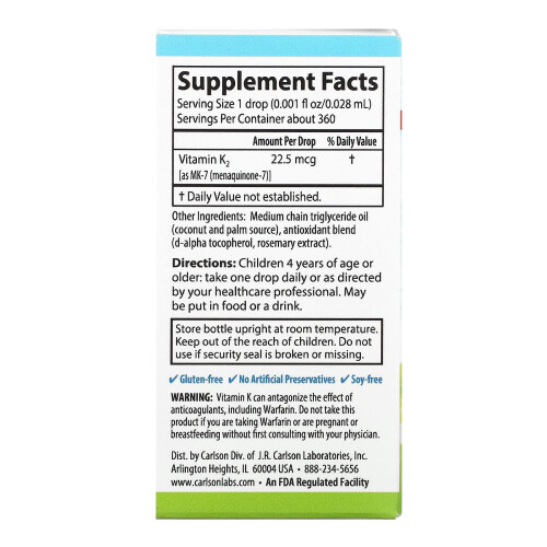 Carlson, Kinder, Super Täglich K2, 22,5 mcg, 0,34 fl oz (10,16 ml) 1