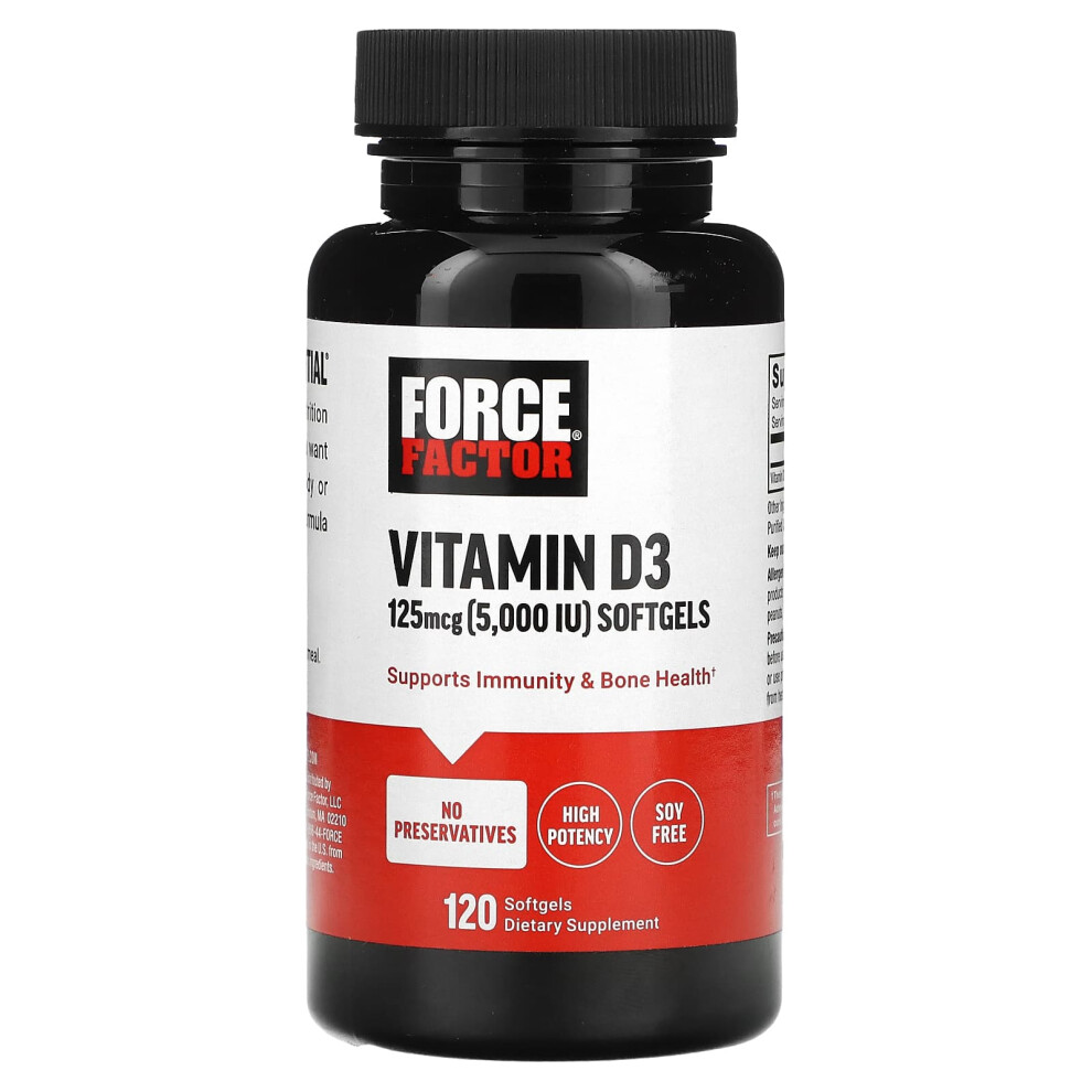 Force Factor , Vitamin D3, 125 Mcg (5,000 Iu), 120 Softgels