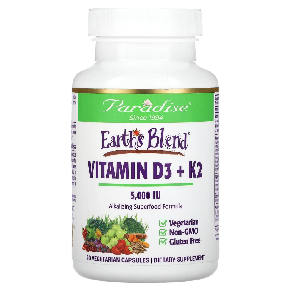 Paradise Herbs , Earth's Blend, Vitamin D3 + K2, 5,000 Iu, 90 Vegetarian Capsules