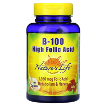 Nature's Life, B-100, Hohe Folsäure, 1.360 mcg, 100 Kapseln