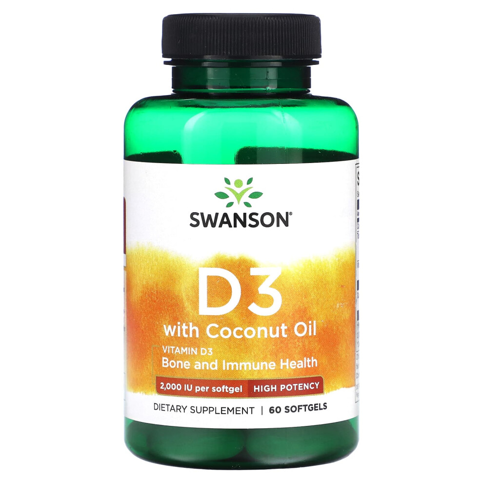 Swanson , D3 With Coconut Oil, High Potency, 2,000 Iu, 60 Softgels