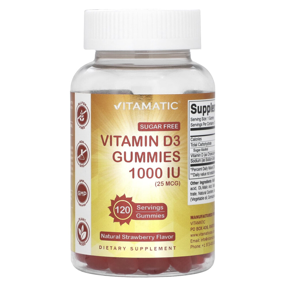 Vitamatic , Vitamin D3 Gummies, Natural Strawberry, 1,000 Iu (25 Mcg), 120 Gummies
