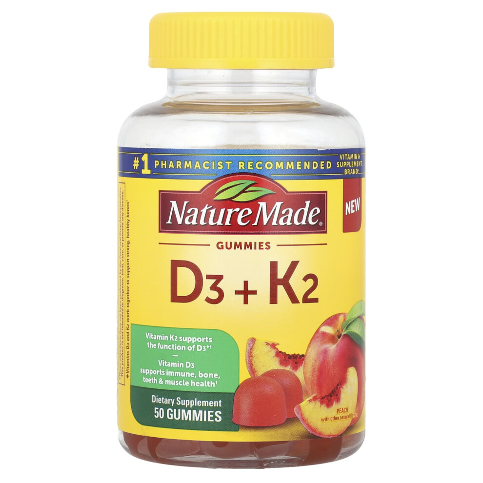 Nature Made, Vitamin D3 + K2 Gummies, Peach, 50 Gummies
