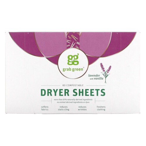 Grab Green, Dryer Sheets, Lavender with Vanilla, 80 Compostable Sheets