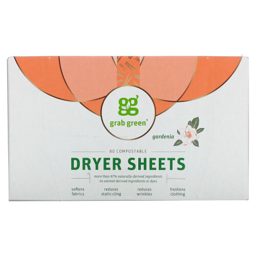 Grab Green, Dryer Sheets, Gardenia, 80 Compostable Sheets