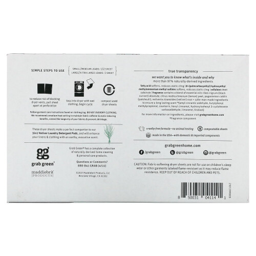 Grab Green, Dryer Sheets, Vetiver, 80 Compostable Sheets 1