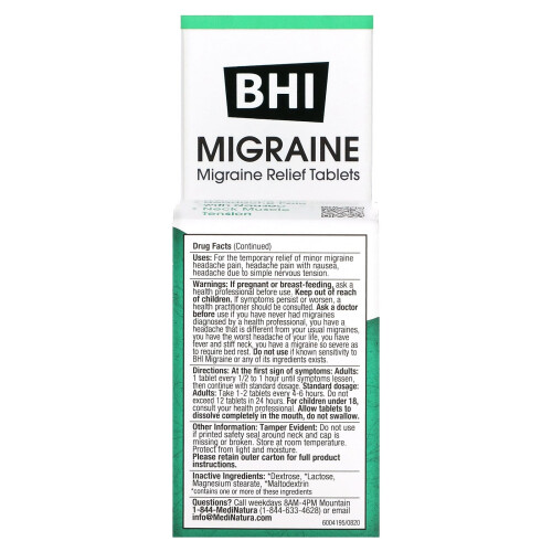MediNatura, BHI, Migräne-Linderung, 100 Tabletten 1