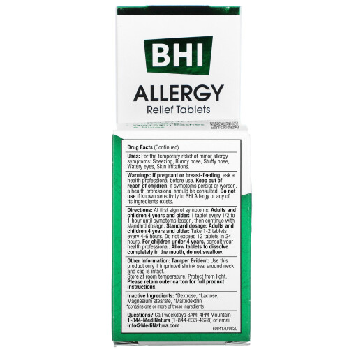 MediNatura, BHI, Allergy Relief, 100 Tablets 1