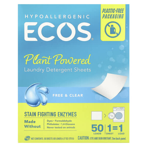 ECOS, Plant Powered Laundry Detergent Sheets, Free & Clear