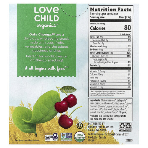 Oaty Chomps Organic Bars, 12+ Months, Cherry + Spinach 1