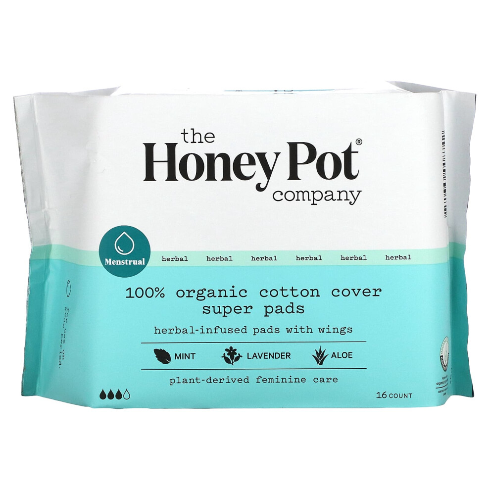 The Honey Pot Company Lavender Organic Super Herbal-Infused Pads With Wings, 16 Count