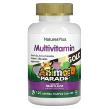 NaturesPlus, Animal Parade Gold, Complément Multivitaminé à Croquer pour Enfants, Raisin, 120 Comprimés en Forme d'Animaux