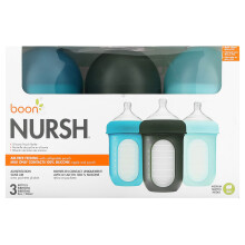 Boon, Nursh, Biberon Poche en Silicone, 3m+, Moyen, 3 Biberons, 8 oz (236 ml) Chacun
