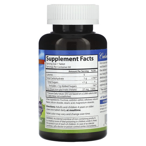Carlson, Chewable Iron, Natural Grape, 27 mg, 60 Tablets 1