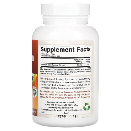 Best Naturals, Citrate de Potassium, 99 mg, 500 Comprimés 1