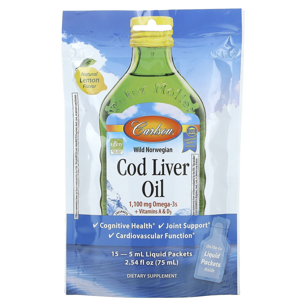 Carlson , Wild Norwegian Cod Liver Oil, Natural Lemon, 15 Liquid Packets, 0.17 Fl Oz (5 Ml) Each
