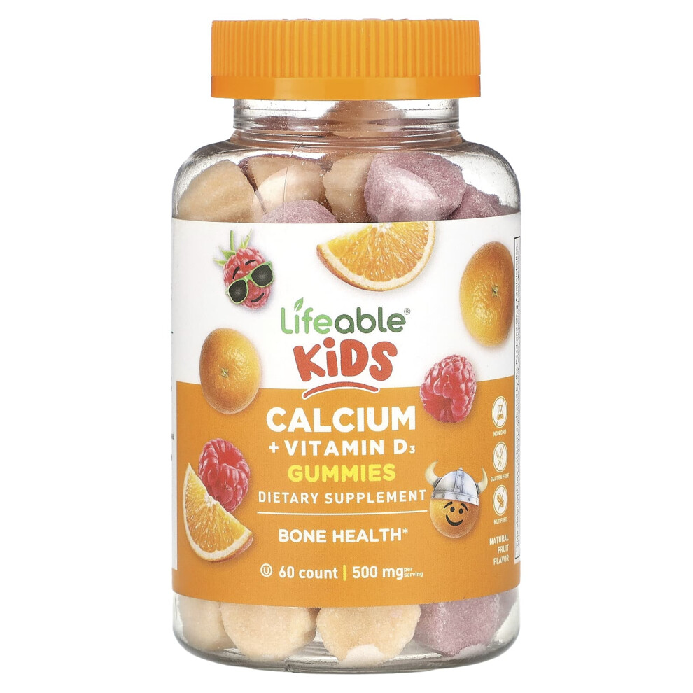 Lifeable , Kids Calcium + Vitamin D3 Gummies, Natural Fruit, 500 Mg, 60 Gummies (250 Mg Per Gummy)