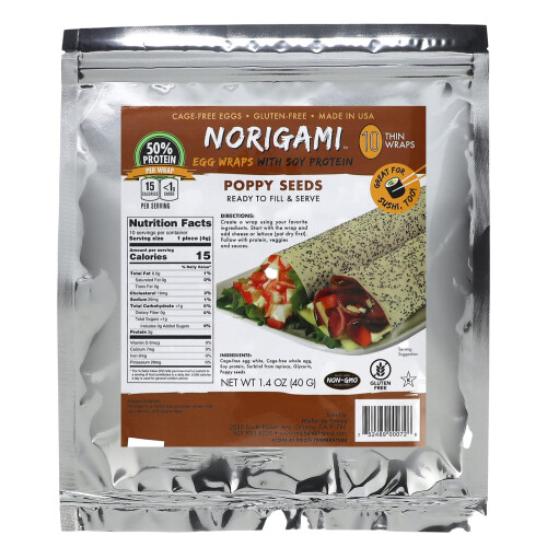 Norigami, Ei-Wraps mit Sojaprotein, Mohnsamen, 10 Dünne Wraps, 1,4 oz (40 g)