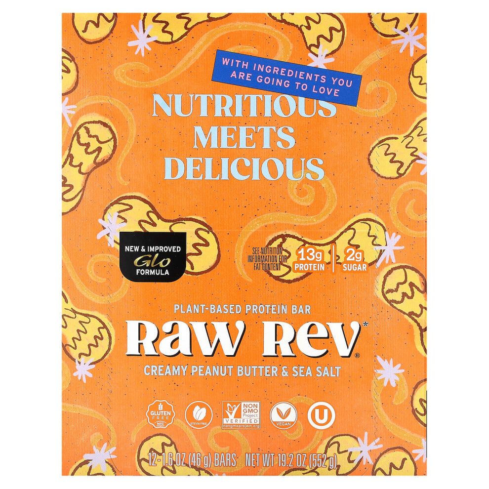 Raw Rev , Plant-Based Protein Bar, Creamy Peanut Butter & Sea Salt, 12 Bars, 1.6 Oz (46 G) Each