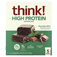 Think!, High Protein Riegel, Schokolade Minze, 5 Riegel, je 2,1 oz (60 g)
