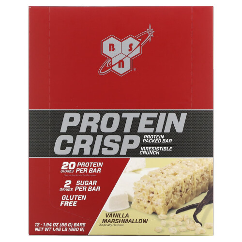 BSN BSN, Protein Crisp, Vanilla Marshmallow, 12 Bars, 1.94 oz (55 g) Each