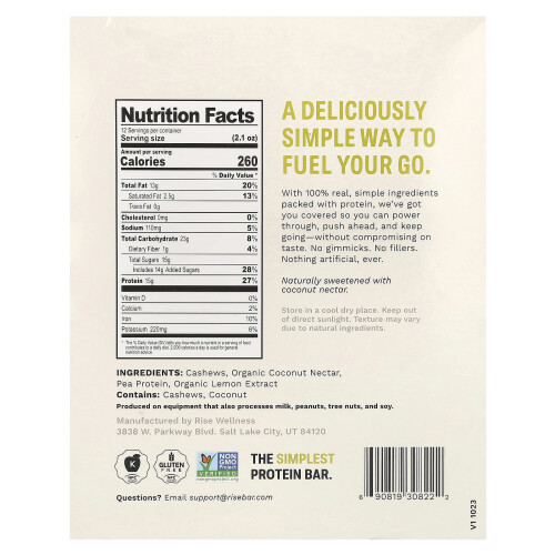 Rise Bar, Protein Bar, Lemon Cashew, 12 Bars, 2.1 oz (60 g) Each 1