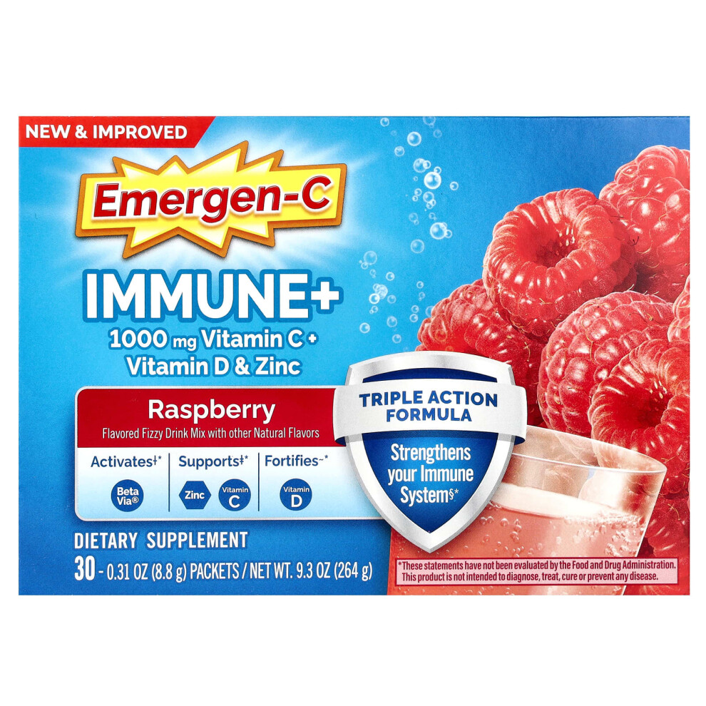 Emergen-C , Immune+ Vitamin C + Vitamin D & Zinc, Raspberry, 30 Packets, 0.31 Oz (8.8 G) Each