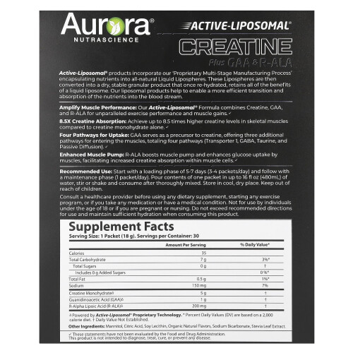 Aurora Nutrascience, Active Liposomal, Creatin Plus GAA & R-ALA, 30 Beutel, 0,63 oz (18 g) Jeder 1