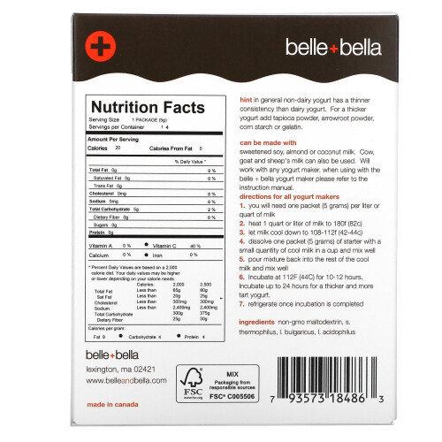 Belle+Bella, Pflanzlicher Joghurt-Starter, 4 Beutel, je (5 g) 1