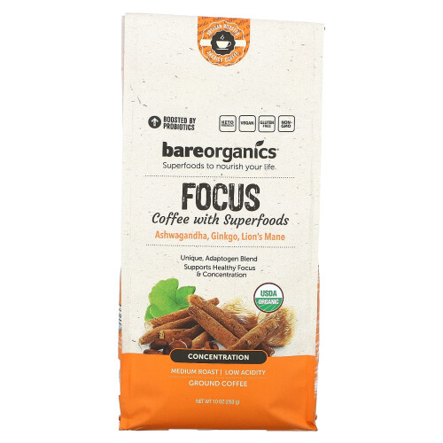 BareOrganics, Café Concentration aux Superaliments, Moulu, Torréfaction Moyenne, 10 oz (283 g)