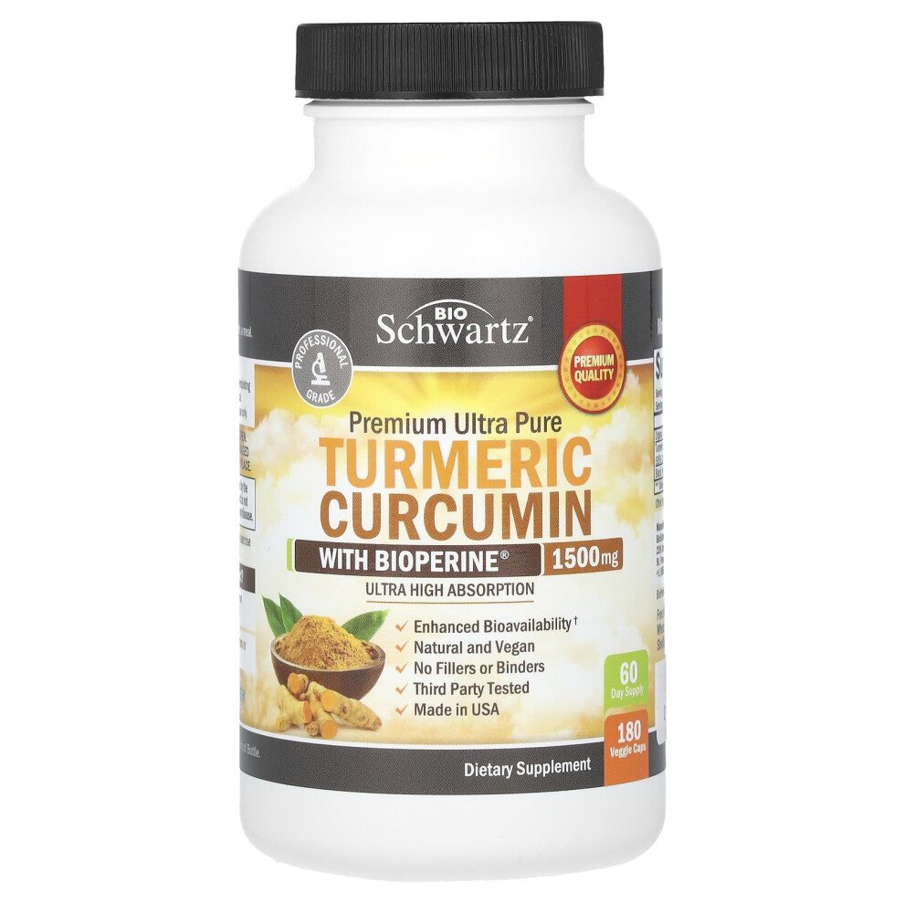 Bioschwartz , Premium Ultra Pure, Turmeric Curcumin With Bioperine, 1,500 Mg, 180 Veggie Caps (500 Mg Per Capsule)