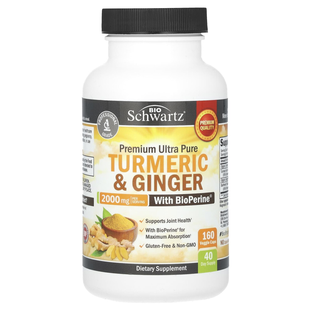 Bioschwartz , Premium Ultra Pure Turmeric & Ginger With Bioperine, 2,000 Mg, 160 Veggie Caps (500 Mg)