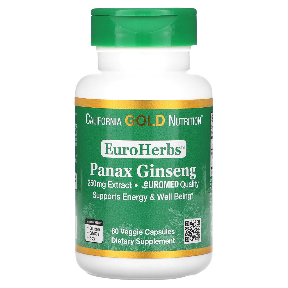 California Gold Nutrition Gold California Nutrition, Euroherbs, Panax Ginseng Extract, Euromed Quality, 250 Mg, 60 Veggie Capsules