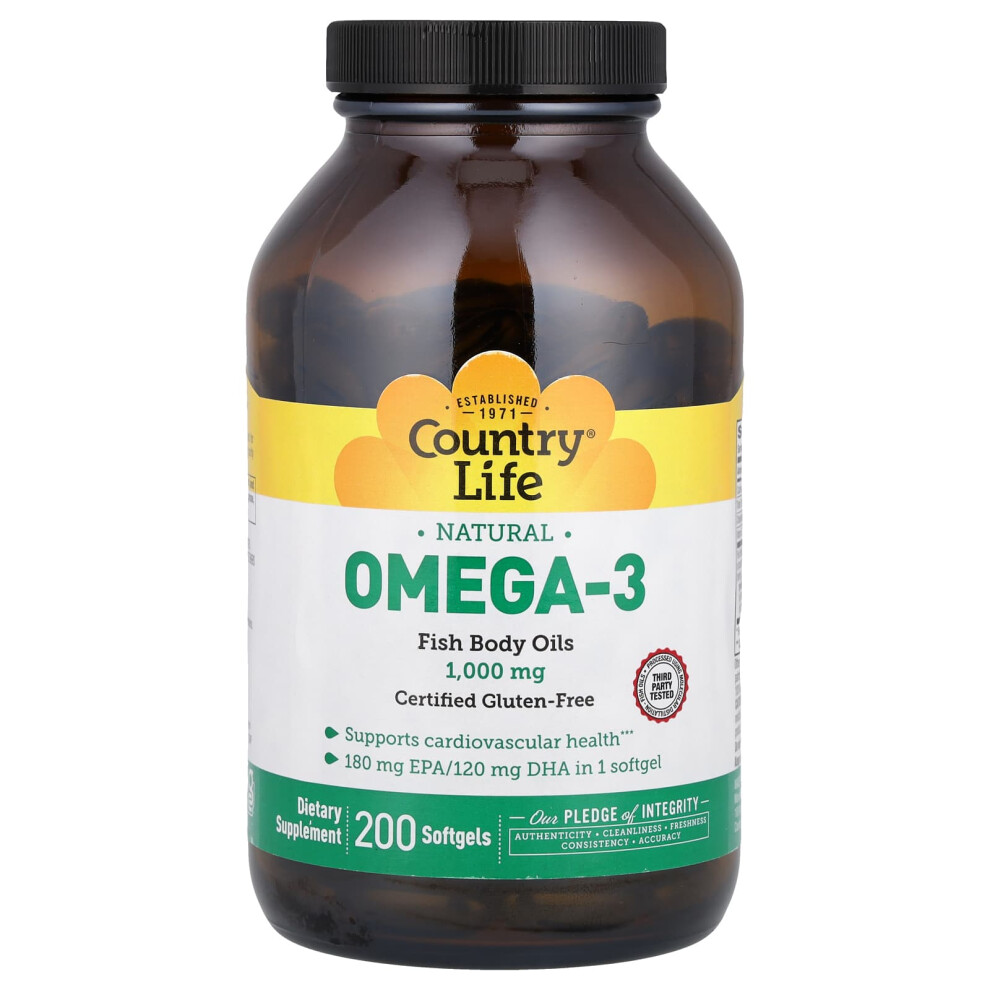 Country Life , Natural Omega-3, 1,000 Mg, 200 Softgels