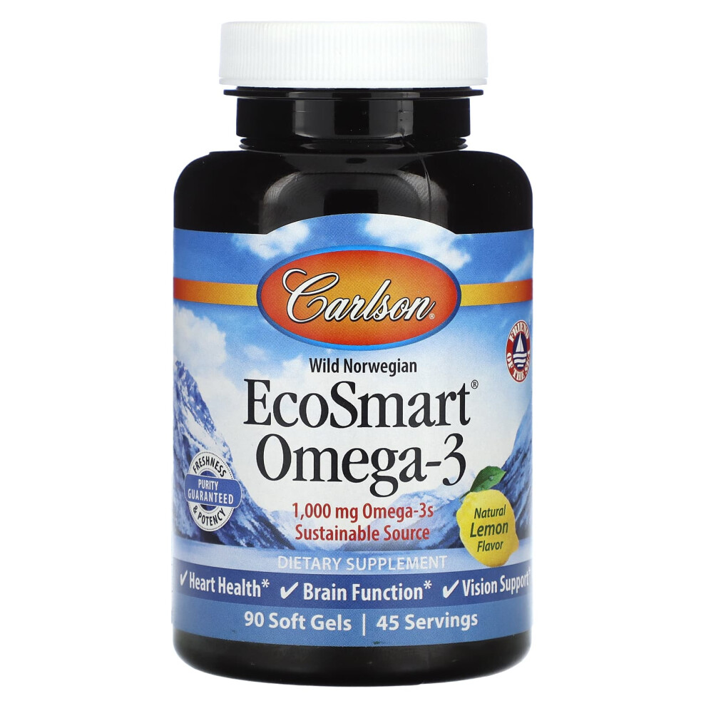 Carlson , Wild Norwegian Ecosmart Omega-3, Natural Lemon, 1,000 Mg, 90 Soft Gels (500 Mg Per Soft Gel)