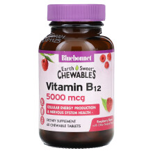 Bluebonnet Nutrition, Comprimés à Croquer Earth Sweet, Vitamine B12, Framboise, 5 000 mcg, 60 Comprimés à Croquer