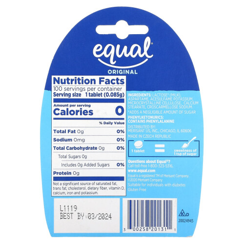 Equal, Édulcorant Zéro Calorie, Original, 100 Comprimés 1