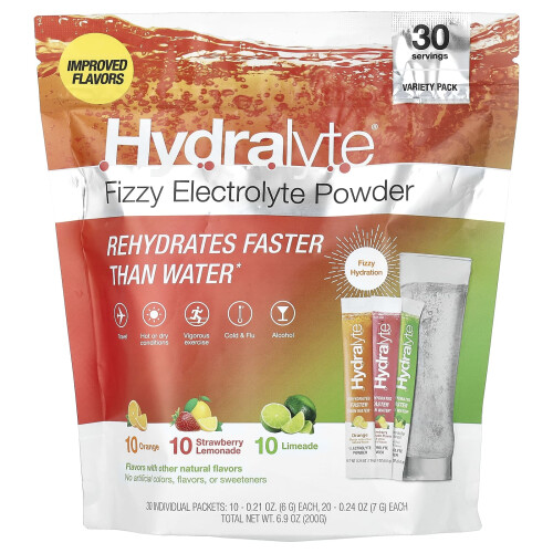 Hydralyte, Brausendes Elektrolytpulver, Sortimentspackung, Orange, Erdbeerlimonade, Limonade, 30 Einzelpackungen