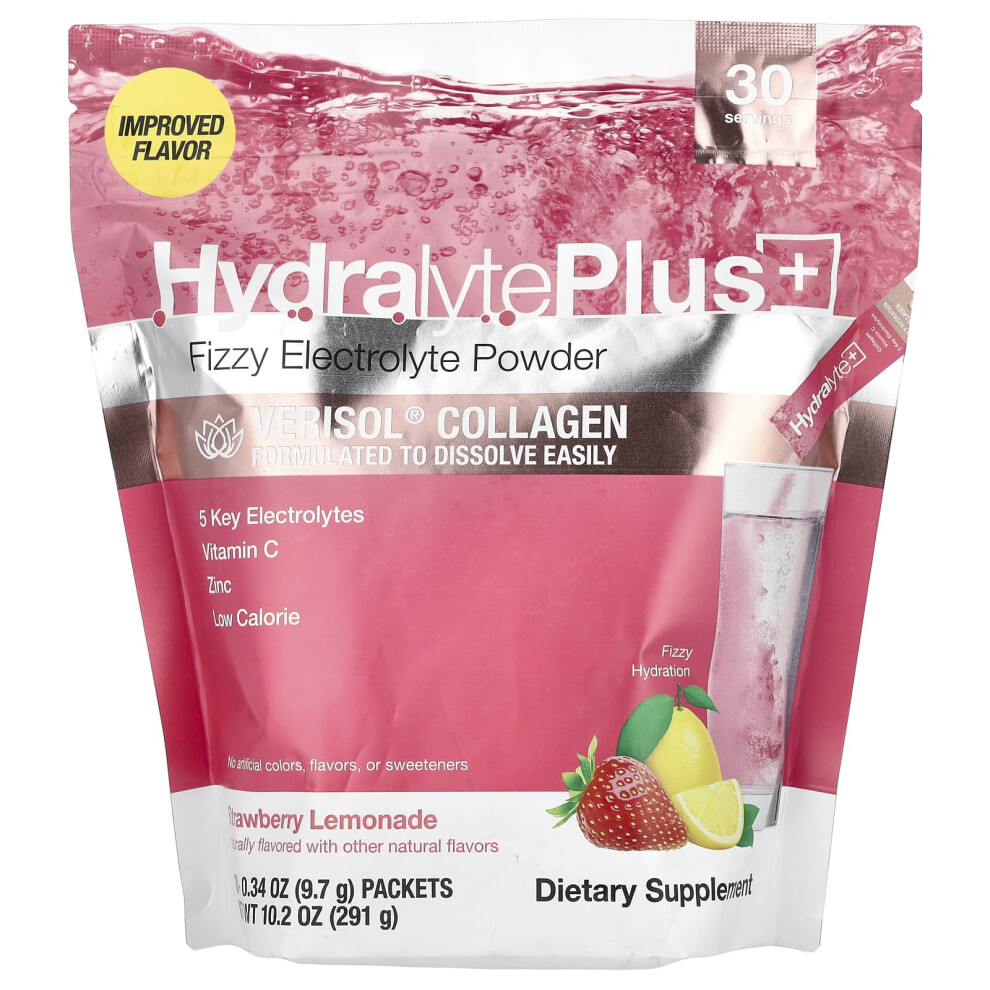Hydralyte , Verisol Collagen, Fizzy Electrolyte Powder, Strawberry Lemonade, 30 Packets, 0.34 Oz (9.7 G) Each