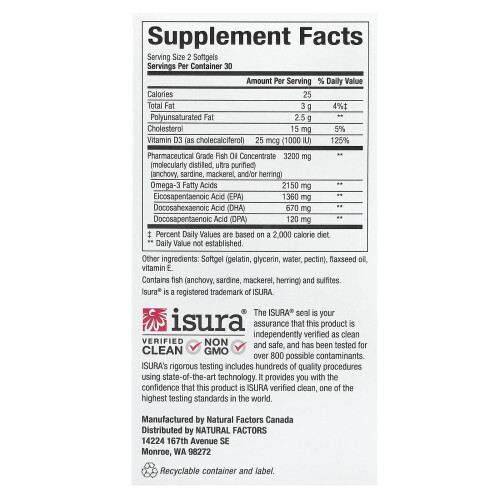 Natural Factors, RxOmega-3 Ultra Concentration avec Vitamine D3, 60 Softgels 1