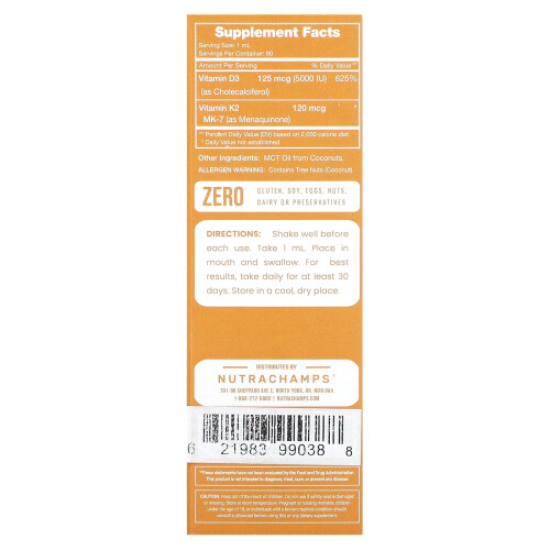 NutraChamps, D3 + K2 Liquid Drops, Unflavored, 2 fl oz (60 ml) 1