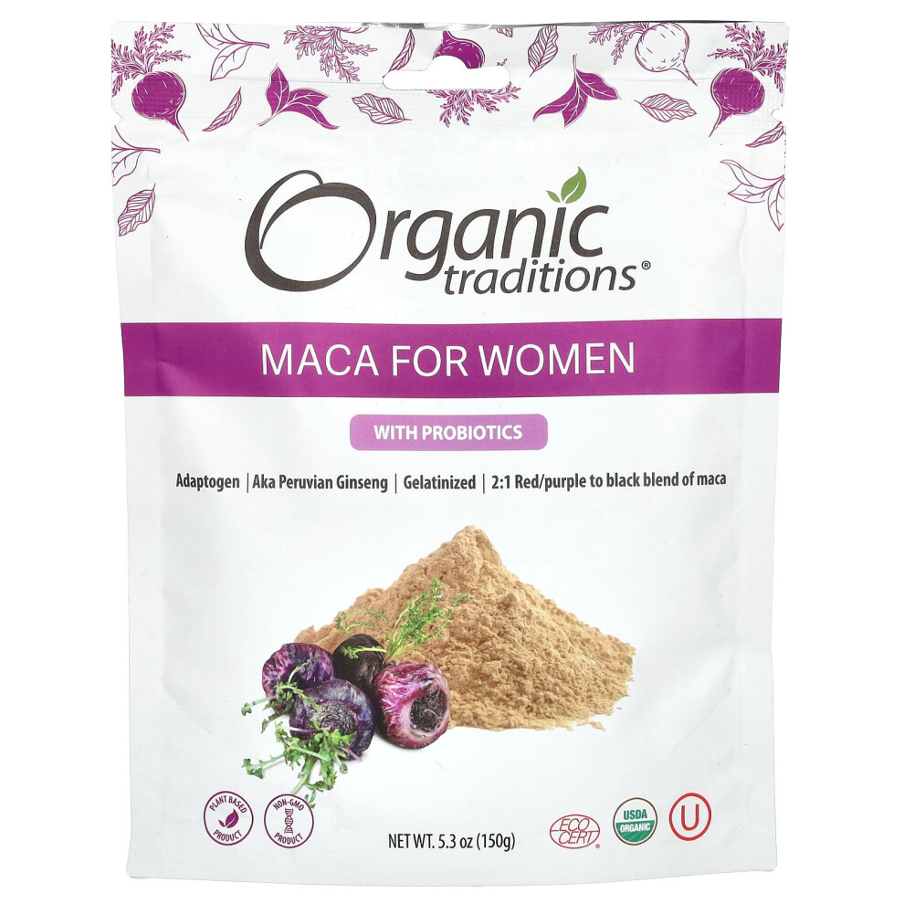 Organic Traditions Red/Purple/Black Maca For Women With Probiotics, 5.3 Oz (150 G)