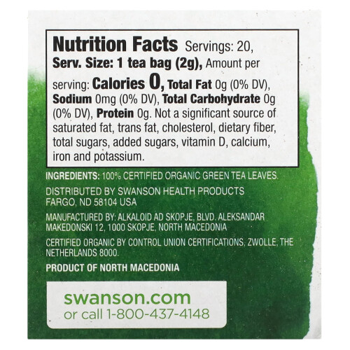 Swanson, 100% Organischer Grüntee, 20 Teebeutel, 1,4 oz (40 g) 1