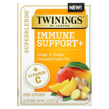 Twinings, Thé Vert Soutien Immunitaire+, Gingembre et Mangue, 16 Sachets de Thé, 1,12 oz (32 g)