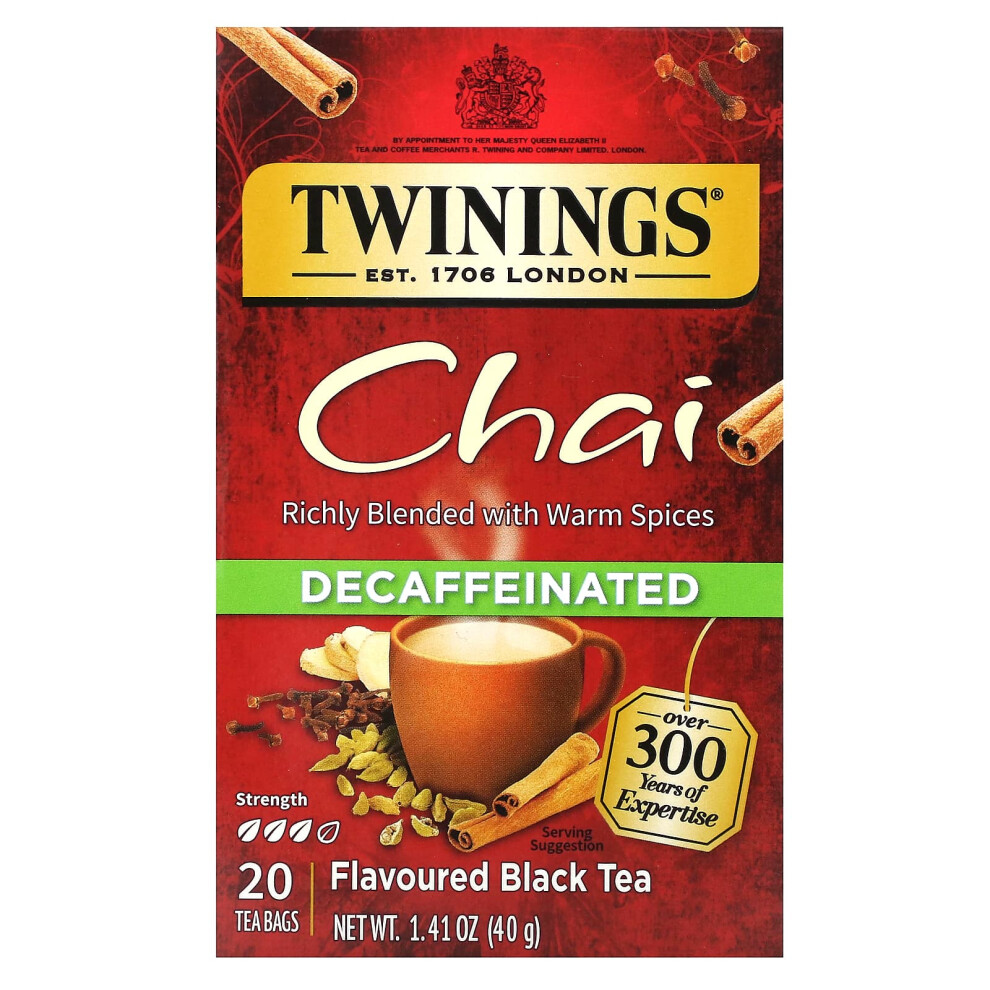Twinings Flavored Tea, Chai, Decaffeinated 20 Tea Bags, 1.41 Oz (40 G) Black