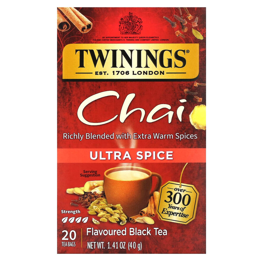Twinings Flavored Tea, Chai, Ultra Spice 20 Tea Bags, 1.41 Oz (40 G) Black
