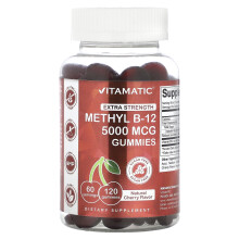 Vitamatic, Gommes de Méthyl B-12, Force Extra, Cerise Naturelle, 5 000 mcg, 120 Gommes (2 500 mcg par Gomme)
