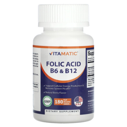 Vitamatic, Acide Folique B6 & B12, Baie Naturelle, 180 Comprimés à Dissolution Rapide